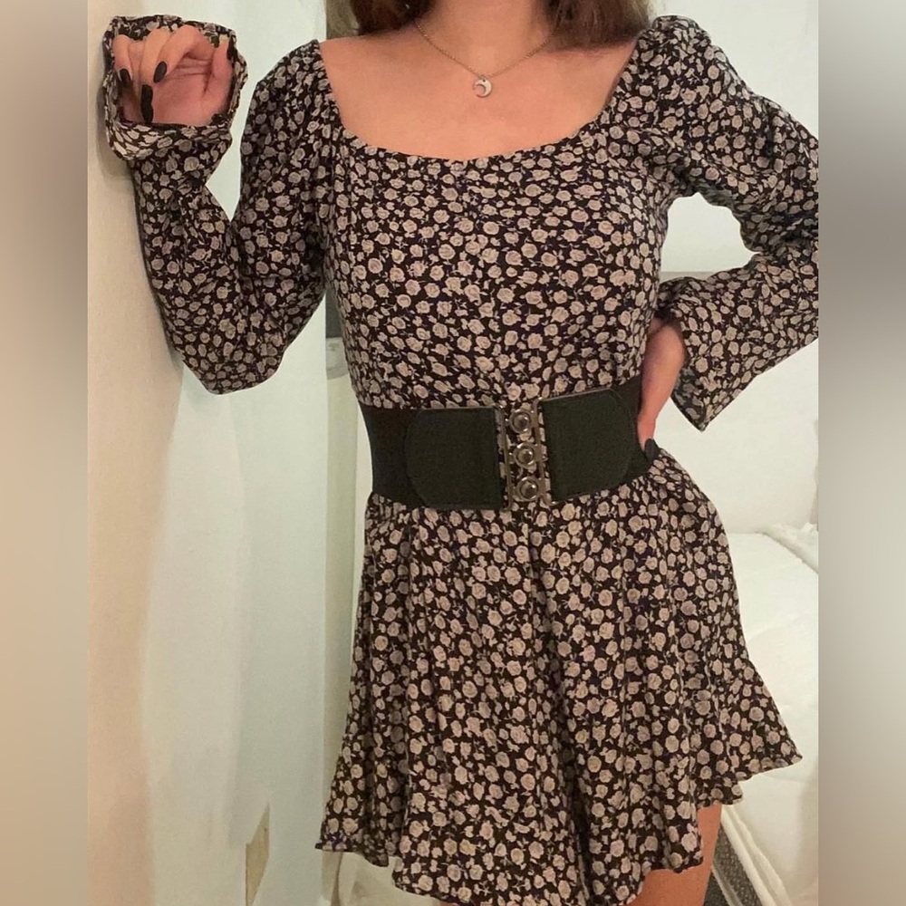 Motel Rocks Black and Gray Floral Long Sleeve Romper